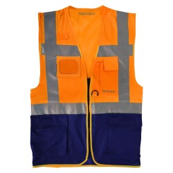 Bestvest BV 1004 Reflektörlü Cırtlı Mühendis Tip Cepli Fermuarlı İkaz Yeleği Neon Turuncu Lacivert - 1