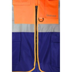 Bestvest BV 1004 Reflektörlü Cırtlı Mühendis Tip Cepli Fermuarlı İkaz Yeleği Neon Turuncu Lacivert - 2