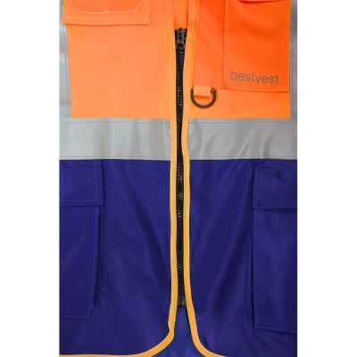 Bestvest BV 1004 Reflektörlü Cırtlı Mühendis Tip Cepli Fermuarlı İkaz Yeleği Neon Turuncu Lacivert - 2